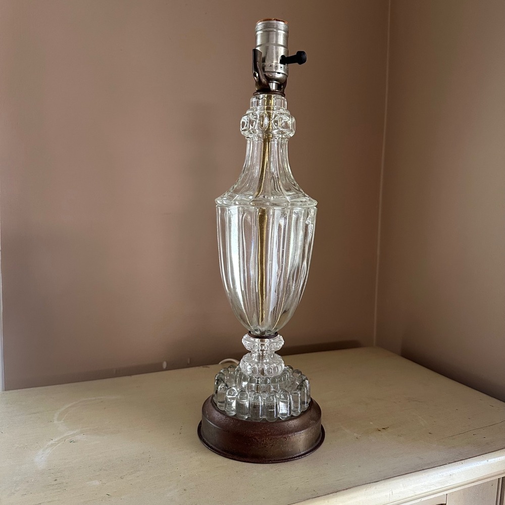 Vintage Ribbed Glass Table‎ Lamp Hollywood Regency Accent Lighting Decor